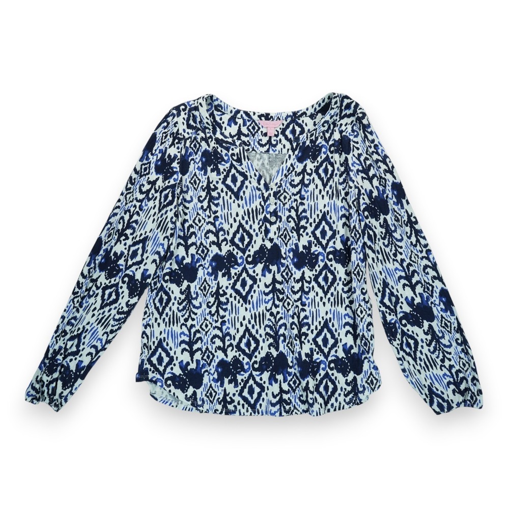 Lilly Pulitzer Top Large Blue White Elephant Print Long Sleeve Vneck ~ Women's